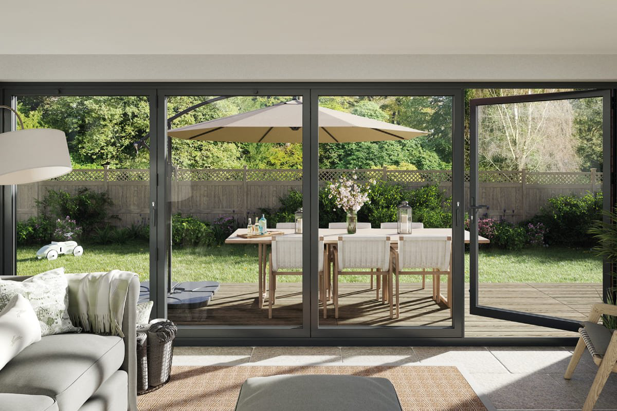 white living room with full feature bi folding doors